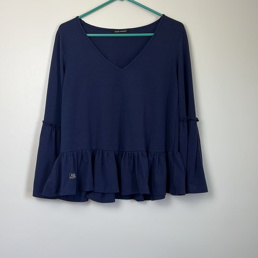 💛 Simply Southern Navy Blue Long Sleeve Ruffle Top Size S